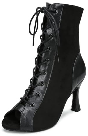 Women Suede Ballroom Dance Boots Latin Salsa Dress Shoes Practice Footwear 3.5inch Heels YT229(8, Black)