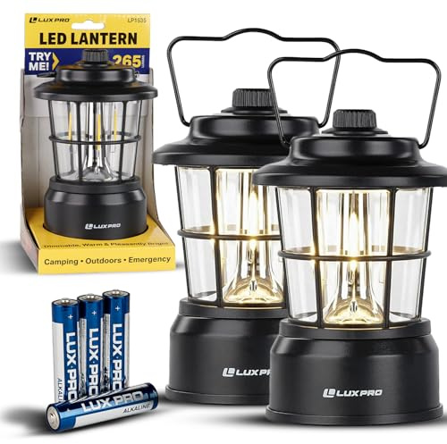 LUXPRO Retro LED Lantern - Battery-Powered Emergency Lantern - Water Resistant - Bright LED Lamp for Indoor & Outdoor Use - Use for Tents, Hiking or Hurricane Prep (Black, Pack of 2)