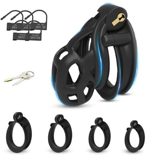BDSMLOVE Gabbie per Pene con 4 Cockrings, gabbia castità per uomo, chastity cage per Prevenire L'erezione, gabbia per il cazzo SM bondage slave sex toys (M)