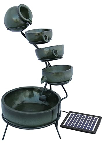 Water Fountain Garden Feature Solar Powered & 6 hour Battery Backup Outdoor Garden Ornament Cascade Décor Patio Resin Green Freestanding Cascading 4 Tier Spilling Bowls