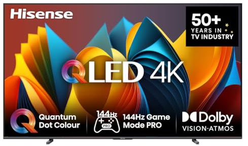 Hisense 100E7NQ 254 cm (100 Zoll) Fernseher, 4K UHD, QLED, HDR10, HDR10+ decoding, HLG, Dolby Vision Atmos, 144Hz VRR, Smooth Motion, Bluetooth, Alexa Built-in, VIDAA Voice, Schwarz [2025]