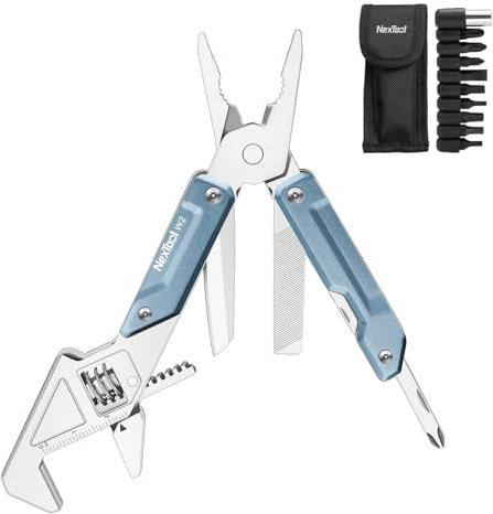 NexTool MultiTool W2, multiutensile 8-in-1 con chiave regolabile, pinze multiuso, coltello, cacciavite e lima, multiutensile con set di punte 9-in-1 e custodia in nylon