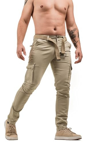 Instinct I Pantaloni Uomo Cargo Elasticizzati con Tasche Laterali Slim Fit, Pantaloni Tasconato Tasconi Multitasche Militari, Calzoni da Lavoro, Escursionismo, Trekking, Viaggio (50, Beige IN-901)