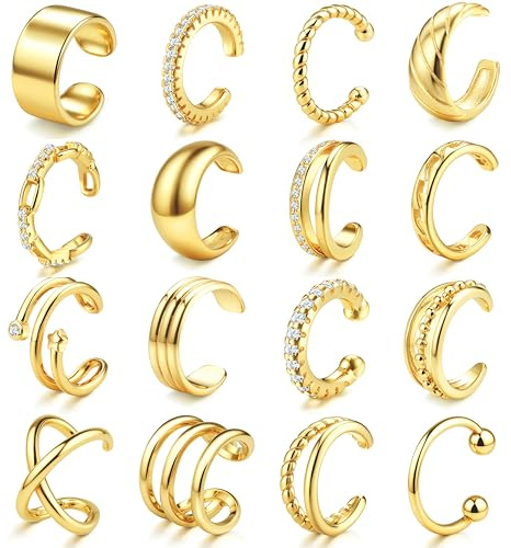 JeweBella Pendientes Clip Ajustables de Acero Inoxidable Hipoalergénicos Falsos Oreja Helix Puños de Cartílago Oro/Plata