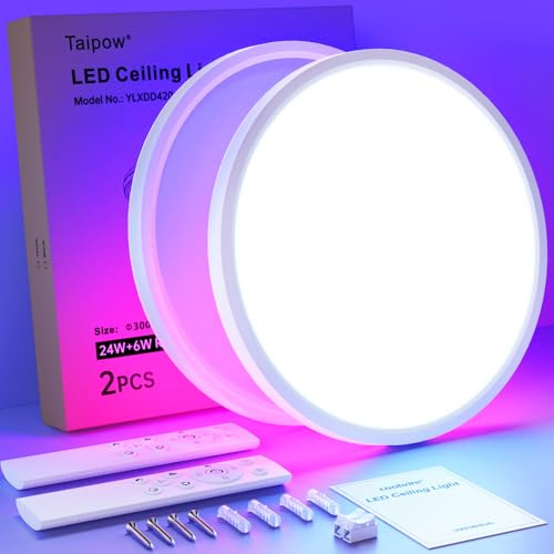 Taipow 2Pcs LED Taklampa 24W 2160LM Färgförändring med Fjärrkontroll, 3000K-6500K 7 RGB Färg Modern Rund LED-Taklampa för Badrum Vardagsrum Källare Sovrum Kök Kontor Garage Balkong - Ø 30cm