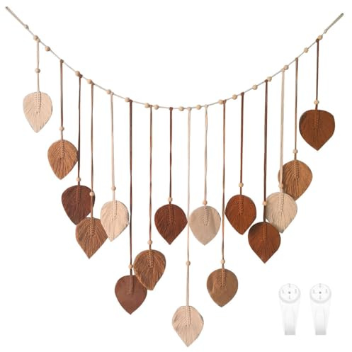 BDKMMS Large Macrame Wall Hanging, Leaves Woven Macrame with Wooden Bead Aesthetic Boho Wall Art Decor for Living Room Bedroom Ornament