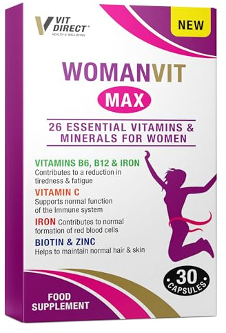 Vit Direct - Woman VIT Max Capsules - 30 Capsules - with Vitamin C, Iron, Biotin, Zinc, Vitamin B6 & B12 - Contains 26 Vitamins & Minerals - Womens Multivitamins - Complete Nutritional Support