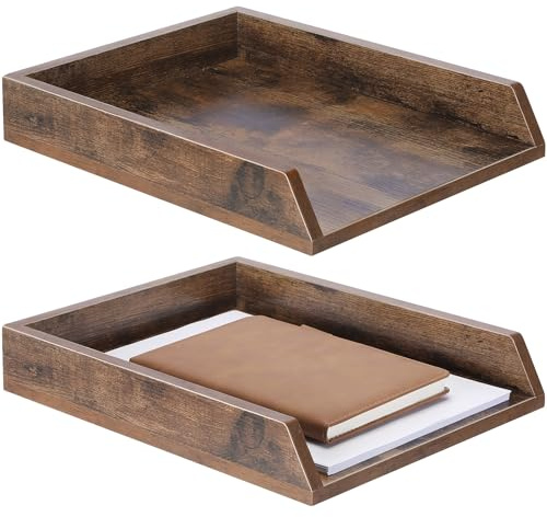 DoubleFill 2 Pcs Wooden Letter Trays Wood Letter-Size Desk Organizer Heavy Duty 2 Tier Stackable Supports Paper Tray Desktop Drawer Organizer File Folder Magazine Office Accessories (Dark Wood)
