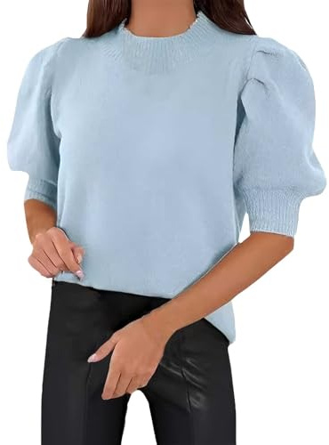 PODOLIXIA Pullover Damen Elegant Kurzarm Strickpullover Rundhalsausschnitt Puffärmel Strick Oberteile Female Feinstrickpullover Frühling Sommer Herbst Sommer Pullover Blusenshirt