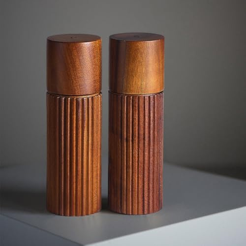 MAITTON Acacia Wood Salt and Pepper Grinder Set with Ceramic Grinder - Manual Pepper Mills with Non-Slip Ribbed Design, Marked S&P Lids, 16.5cm