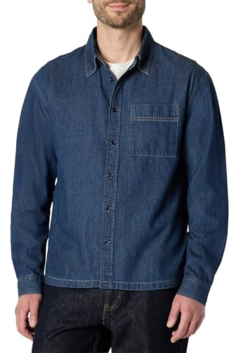 Amazon Essentials Men's Modern Oversized-Fit Denim Button-Down Shirt, Button Front, Medium Blue Vintage, Small
