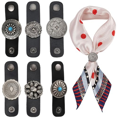 PH PandaHall 6 pezzi di clip a fibbia per sciarpa in pelle, 6 stili di fibbie per bandana stile western, etichette per bagagli, etichette nominative per abbigliamento, sciarpa, scialle, argento antico