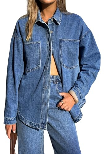 EMMIOL Women Denim Shirts Oversized Long Sleeve Button Down Blouse Distresse Jean Jacket Fall Outfits 2026 Mid Blue,M