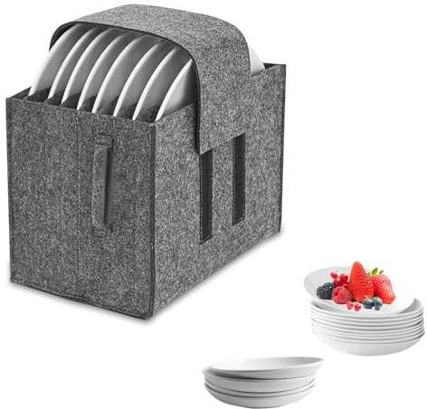 MUNTE Camping Organizador Platos Bolso Gris, Organizador de Vajilla de Camping con 8 Compartimentos, Soporte para Platos de Caravana con Asa, Admite Platos de Hasta 26 cm de Diámetro