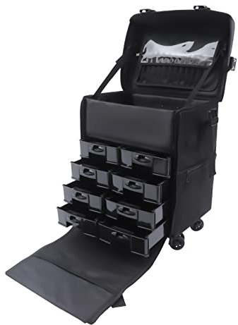 Valigetta da parrucchiere, con 8 cassetti e ruote, trolley cosmetico, 2 in 1, per trucchi professionale, colore nero
