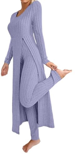Duohropke Ensemble 2 pièces pour femme - Pantalon 2 pièces - En tricot - Manches longues - Haut côtelé et leggings - Tenue de loisirs - Survêtement de jogging - Pull en tricot - Pantalon long