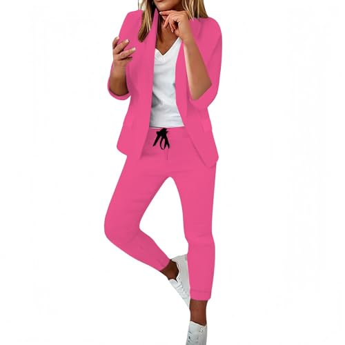 Generisk tvådelad elegant byxdräkt för kvinnor, 2 delar byxdräkt långärmad affärskostym set, långärmad business tracksuit fritidsoverall stora storlekar, långa byxor, fritidsdräkt, Het rosa, 3XL