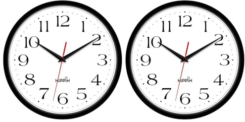 HIPPIH 2 Pack Silent Wall Clock, 10 Inch Non Ticking Quiet Digital Sweep Decorative Battery Operated Wall Clocks for Living Room Bedroom Kitchen School Office Decor, Black