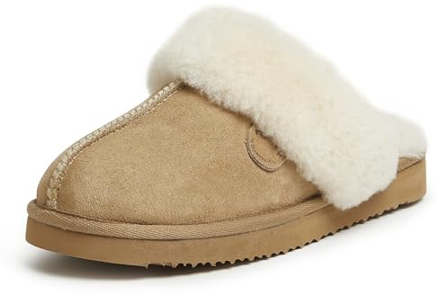 Dearfoams womens Fireside Sydney Shearling Indoor/Outdoor Water Resistant Scuff Slipper, Wide Widths Slipper, Sand, 7 Wide US