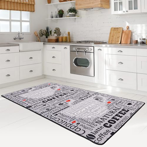 miqna Modern köksmatta i gel ANRO köksmatta grå vit svart köksmatta med halkskydd köksmatta med Coffee Macchiato-inskription (grå, 80 x 300 cm)