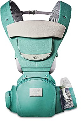 SONARIN Mochila Portabebés Multifunción 3 en 1 con Asiento de Cadera,100% Algodón 3D Air Mesh Portabebés Transpirable para 0-36 Meses,Ergonómico,Ajustable,Todas las Posiciones,Hasta 30 KG(Cian)