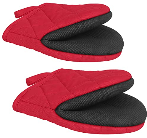 1 Pair Short Oven Mitts, Heat Resistant Silicone Kitchen Mini Oven Mitts for 500 Degrees, Non-Slip Grip Surfaces and Hanging Loop Gloves, Baking Grilling Barbecue Microwave Machine Washable (Red)