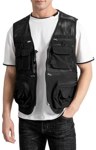 Sukany Men's Mesh Fishing Vest Utility Multi-Pocket Outdoor Work Shooting Safari Travel Photography Vest Black S