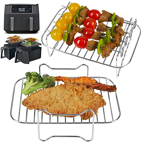 BYKITCHEN Heißluftfritteuse Grillrost für Ninja AF300EU AF400EU, 2 Stück Luftfritteusenständer mit 4 Spießen, Air Fryer Zubehör für Ninja/Ultenic/Innsky/Devology 2 Frittierfächern 9L Heißluftfritteuse