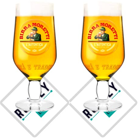 Roxley Moretti Biergläser, 2 Stück, inkl. 2 Bierdeckel mit Markenlogo, Lager Beer 56 cl, Glas, Männerhöhle aus Glas, hergestellt in Großbritannien