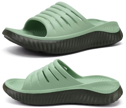 KuaiLu Womens Recovery Sandals Comfortable Plantar Fasciitis Arch Support Ladies Orthopedic Open Toe Slip On Running Sport Walking Slides Thick Athletic Cushion Slippers Summer Sliders Green Size 8