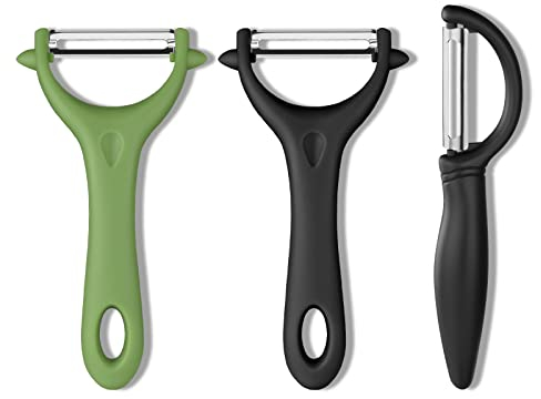 Vicloon Pelapatate, 3 Pezzi Pela Verdure Manico Antiscivolo, Pelapatate e Verdure a Y Lame Affilate in Acciaio Inossidabile, Sbucciatore Universale per Patate Carote e Verdure Varie e Frutta