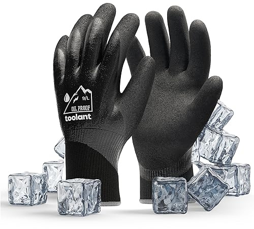 toolant Waterproof Gloves for Men and Women, Freezer Gloves with Grip, Double Nitrile Dipped for Extreme Oil Repellent, for Construction, Mechanics, Mining, Plumbing, Black, Large