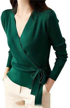 Hamthuit Printemps Automne Cardigan Tricoté À Manches Longues Col en V Cache-Cœur Pull À Lacets Femmes Chemise De Fond GN L 52-62kg
