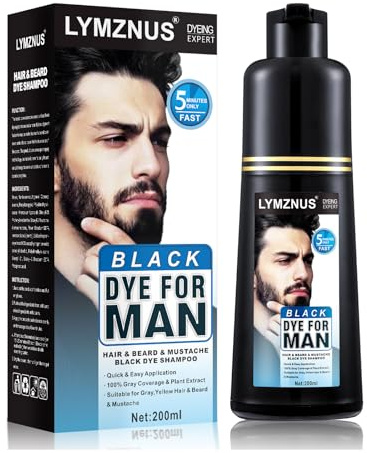 Men's Mustache & Beard Dye for Gray Hair Coverage - Natural Black Color in 5 Minutes, Easy Application Shampoo for Facial Hair 200ml