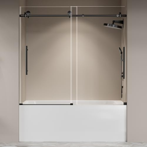 56-60 W X 59 H Frameless Glass Sliding Tub Door,Soft-Close Bathroom Tub with 5/16(8mm) Clear Tempered Glass,Explosion-Proof Film,Thick Bathtub Doors,Endurance,Modern Shower Door,Black