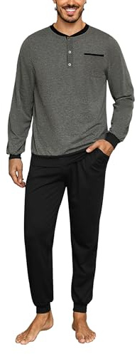 Bresdk Pijama Hombre Invierno Algodón Ropa de Dormir Camiseta de Manga Larga Largo Pantalón Pijama para Hombre Gris Oscuro Nergo M