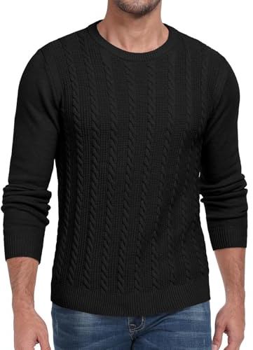 Hisir - Pull pour homme - Tricot ajourd’hiver - Col rond - Manches longues - Chaud, Noir , M