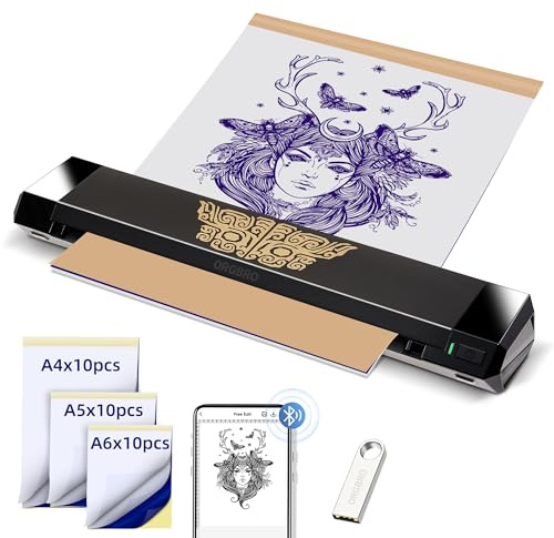 ORGBRO X8 Thermocopieur Tatouage, Bluetooth Imprimante Stencil Tatouage Transfert Machine a Tatouer Avec 30 Feuilles De Papier Transfert Imprimante Thermique Pour Tatouage Compatible avec Téléphone/PC