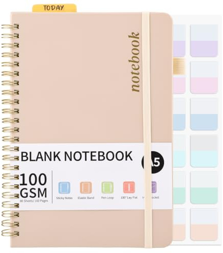 Thboxes A5 Dotted Notebook, 160 Pages, 100 Gsm, Pink | Hard Cover, Spiral Bound, 2 Inner Pockets, 24 Labels, Removable Ruler, Office And School Use