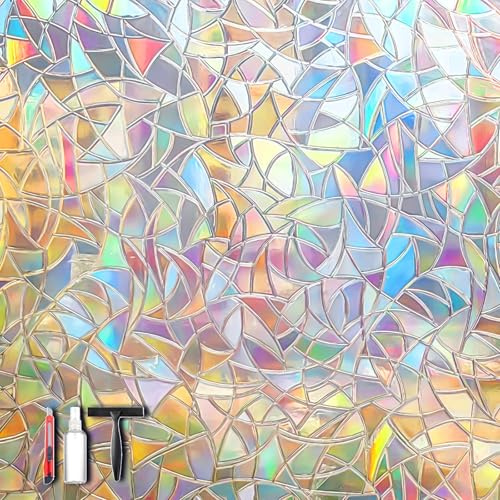 Rainbow 3D Window Privacy Stickers - Static Cling No Glue Film with Installation Tools, Anti UV Heat Block Stained Glass Look Decals Reusable for Home Glass Door Windows, 17.5 x 78.74 Inches