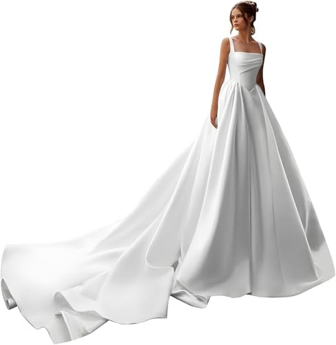 HAIBFJIN Abito da sposa in raso abiti da sposa bianchi con treno abiti da sposa senza spalline per le donne elegante abito da sposa, Bianco e, 40