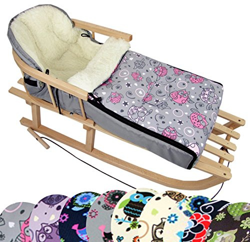 BambiniWelt Kombi-erbjudande träsläde med ryggstöd och draglina universell vinter fotväska (90 cm), även lämplig för barnskål, barnvagn, buggy, av ull i uggledesign (uggla §2)