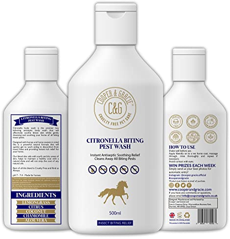 Horse Citronella Biting Pest Wash 500ml – Powerful Organic Shampoo by Cooper and Gracie | Antiseptic Soothing Relief, Cleans Biting Pests | Low-Lathering, 100% Natural