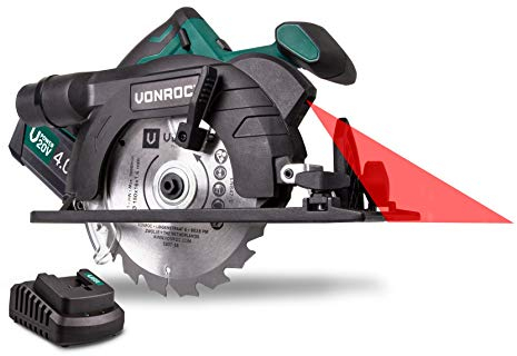 VONROC Scie Circulaire Sans Fil 20V – Batterie 4.0Ah & Chargeur Rapide Inclus – Lame 150mm, Laser de Guidage, LED, Guide Parallèle – Pour Bois, Stratifié, Découpe Droite et Biseautée