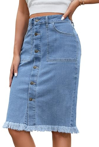 luvamia Women's Casual Mid Rise Button Down Frayed Raw Hem Stretchy Denim Midi Skirt Jean Skirt Light Blue Size Large