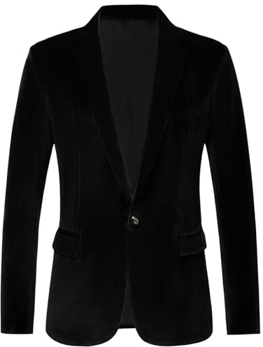 RONGKAI Blazer for Mens Velvet Blazer Slim Fit Fashion Suit Jacket 1 Button for Wedding Prom Dinner Party Halloween Black M