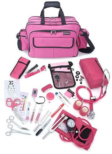 ASA TECHMED Durable Nurse Travel Bag with Nursing Supplies – Waterproof Multi-Pocket Heavy-Duty Nylon Medical Bag with Webbed Shoulder Strap (Pink)