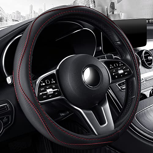 Microfiber Leather 15 Universal Fit Car Steering Wheel Cover, Elastic Breathable and Odorless, Black with Red Accent