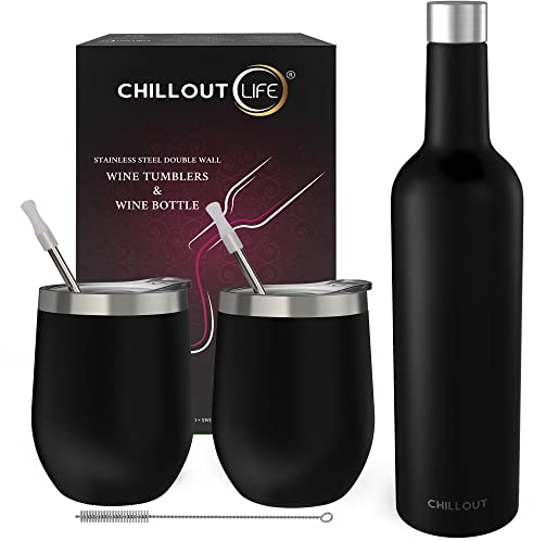 CHILLOUT LIFE Stainless Steel Wine Tumblers 2 Pack 12 oz & 1 Insulated Wine Bottle - Double Wall Vacuum Insulated Wine Cups with Lids and Straws Set - Black