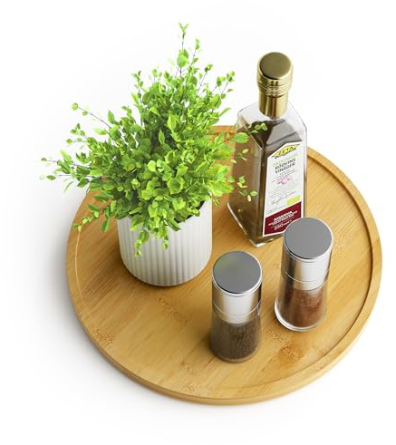 Homerays Bambu roterande tallrik arrangör Lazy Susan, roterande tallrik kök arrangör – 25 cm, halkfri kryddhylla roterbar för kök skafferi skåp bord bänkskiva, bambu